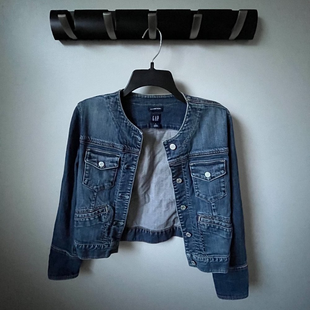 Gap Vintage Collarless Denim Jacket - Dark Medium Wash